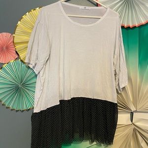 white tee with tulle polka dot hem